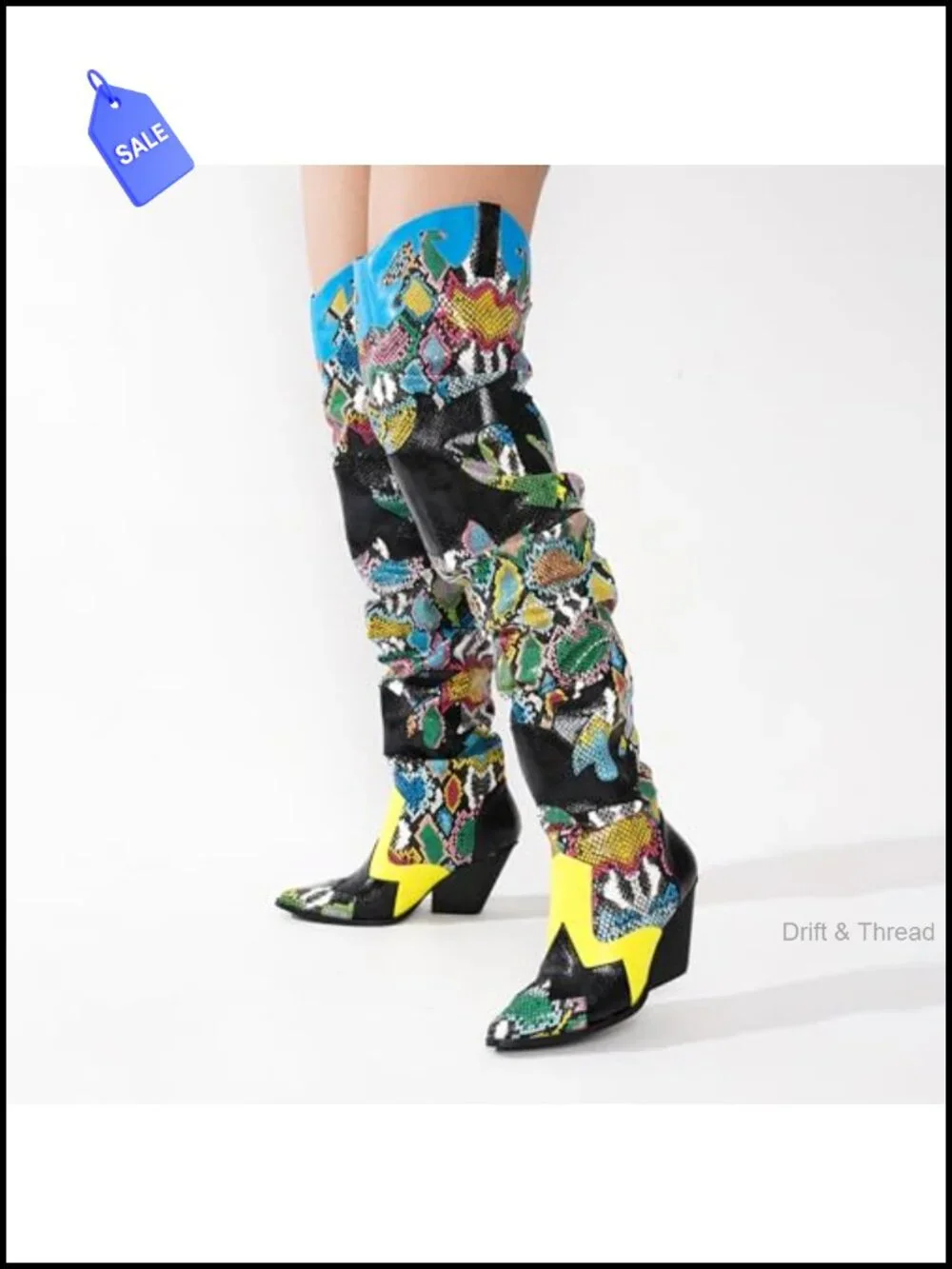Thigh High Cowboy Boots for Women Faux Snakeskin Chunky Heel Slip Resistant